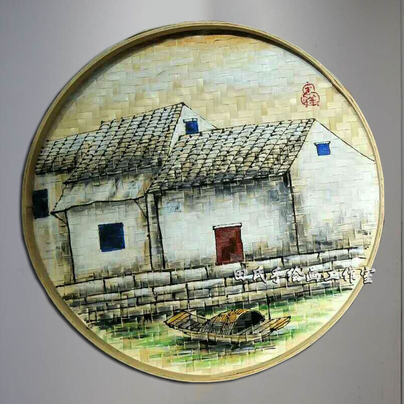 手绘竹筛簸箕画农家乐装饰竹编制品墙上墙壁挂饰墙面W圆形挂件田图片