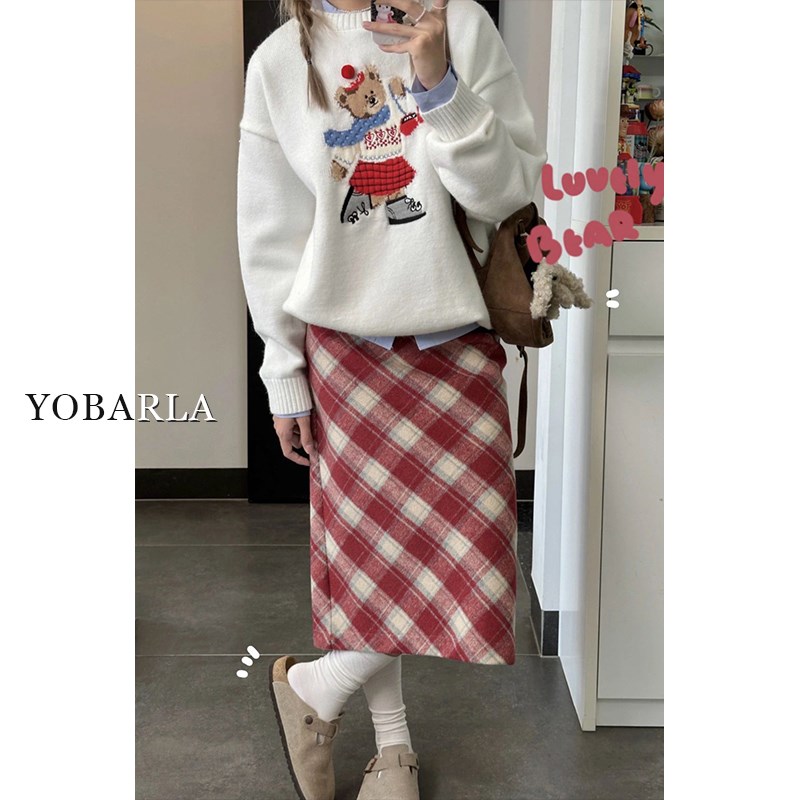 红色毛呢格子半身裙女春秋大码高腰显瘦胖mm遮肚子中长款a字裙子