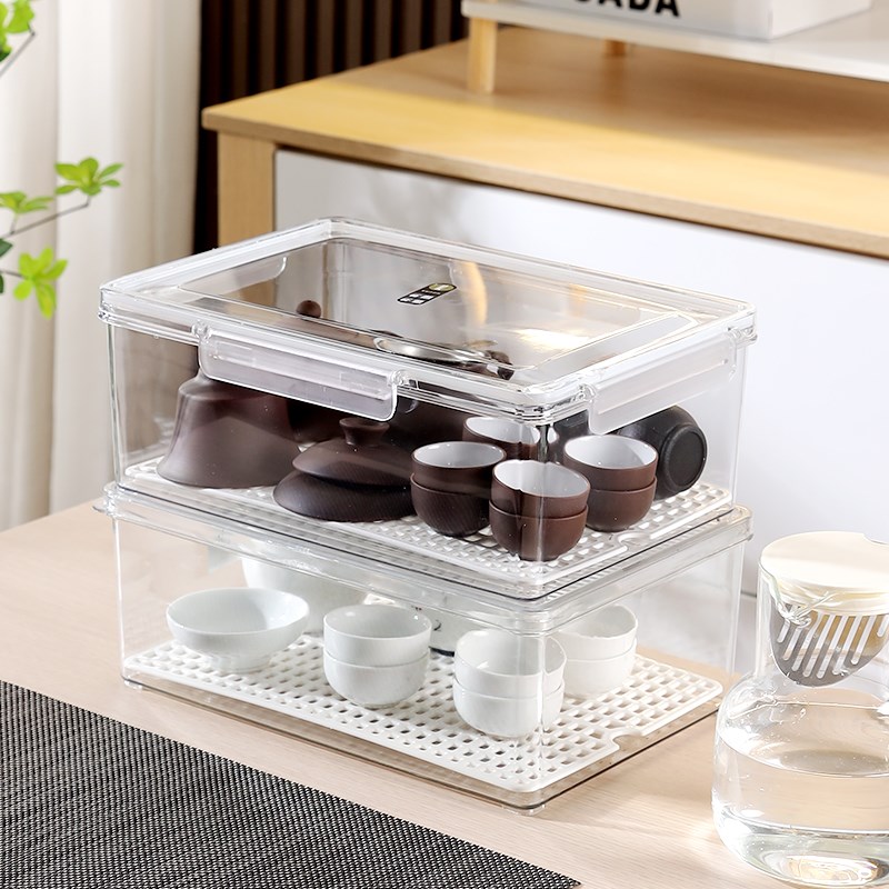 沥水透明茶具收纳盒防尘茶杯整理箱茶F几长方形茶叶储物盒户外旅