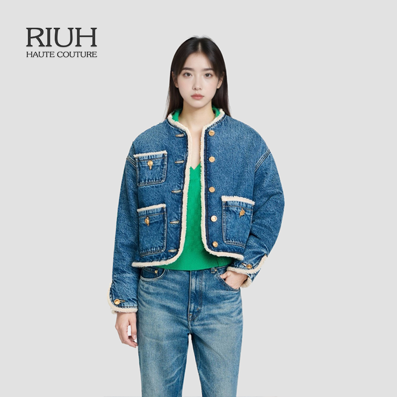 RIUH精致时尚复古丹宁绒边短款牛仔棉服外套25秋冬