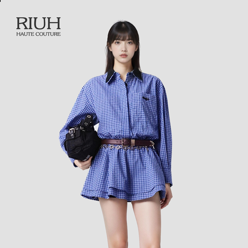 RIUH精致时尚棉质仿钻装饰格子可拆卸领短款连衣裙25秋冬