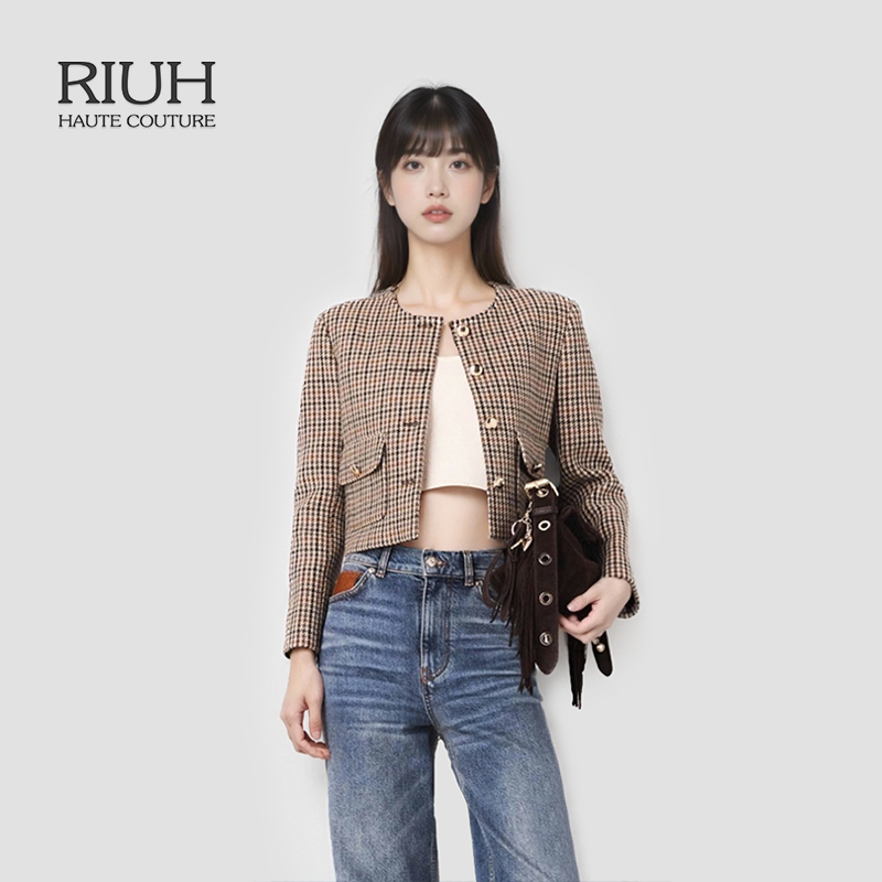 RIUH高级精致混纺千鸟格圆领短款外套25秋冬