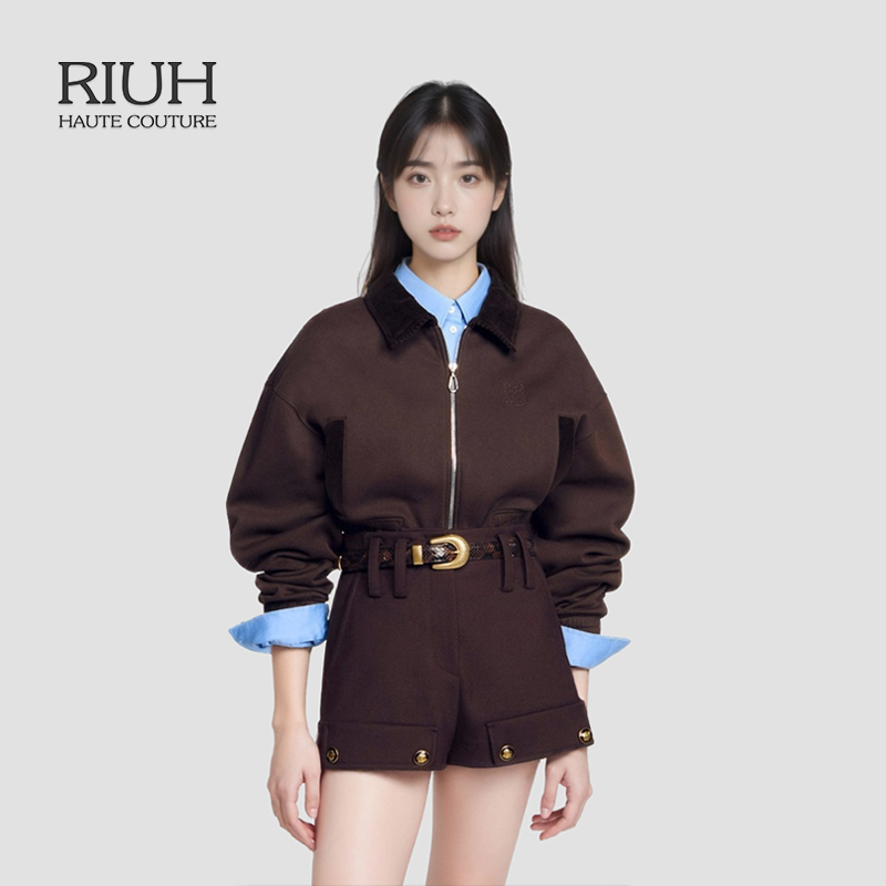RIUH迪木尔风复古休闲深棕色短款针织夹克外套25秋冬