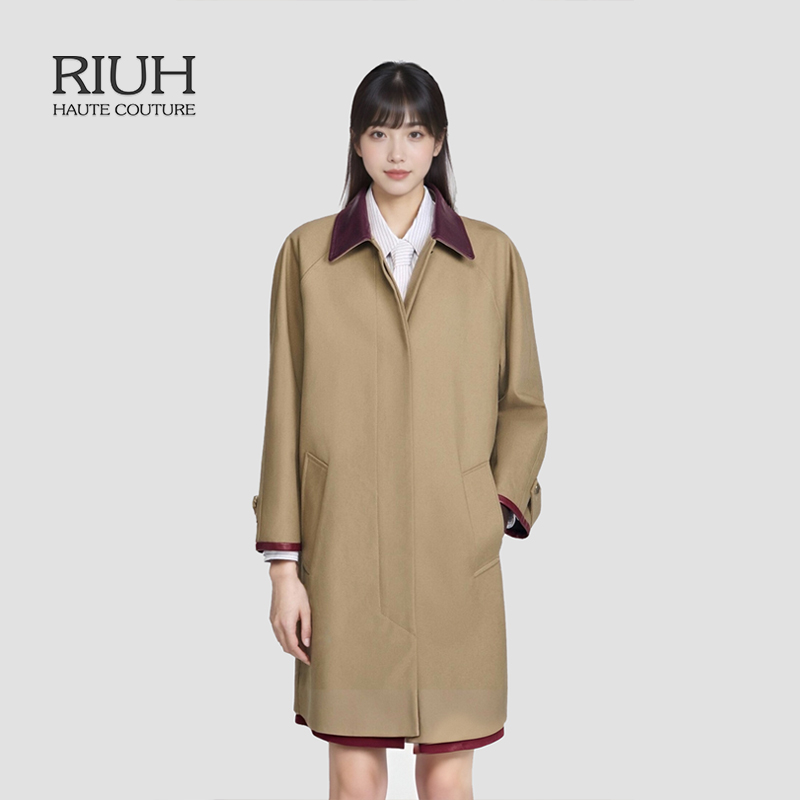 RIUH博主同款迪木尔风棉质撞色皮革领风衣外套25秋冬