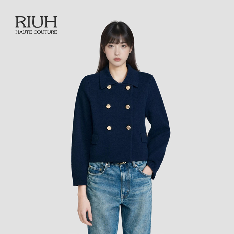 RIUH精致优雅绵羊毛翻领短款针织外25秋冬