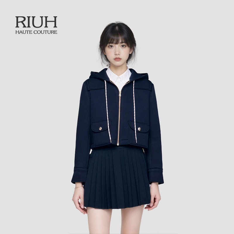 RIUH精致法式简约条纹撞色帽绳卷边袖口外套25秋冬