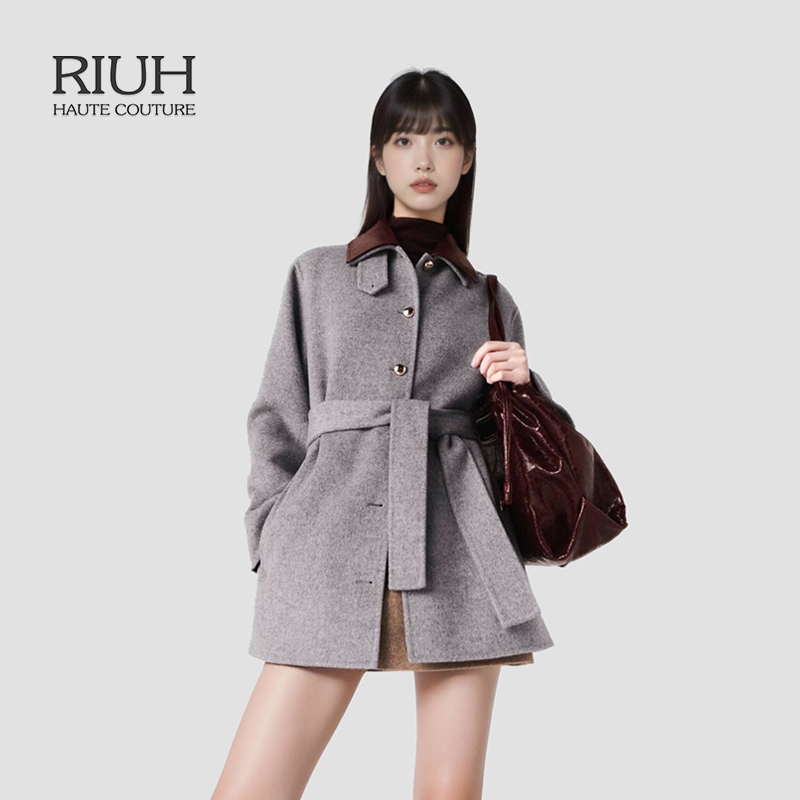 RIUH迪木尔风法式羊毛混纺可拆卸领毛呢大衣外套25秋冬