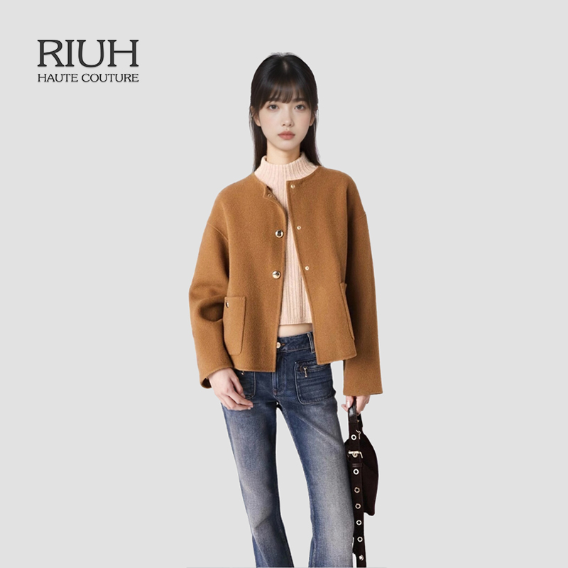 RIUH迪木尔风法式羊毛混纺撞色可拆卸领毛呢外套125秋冬