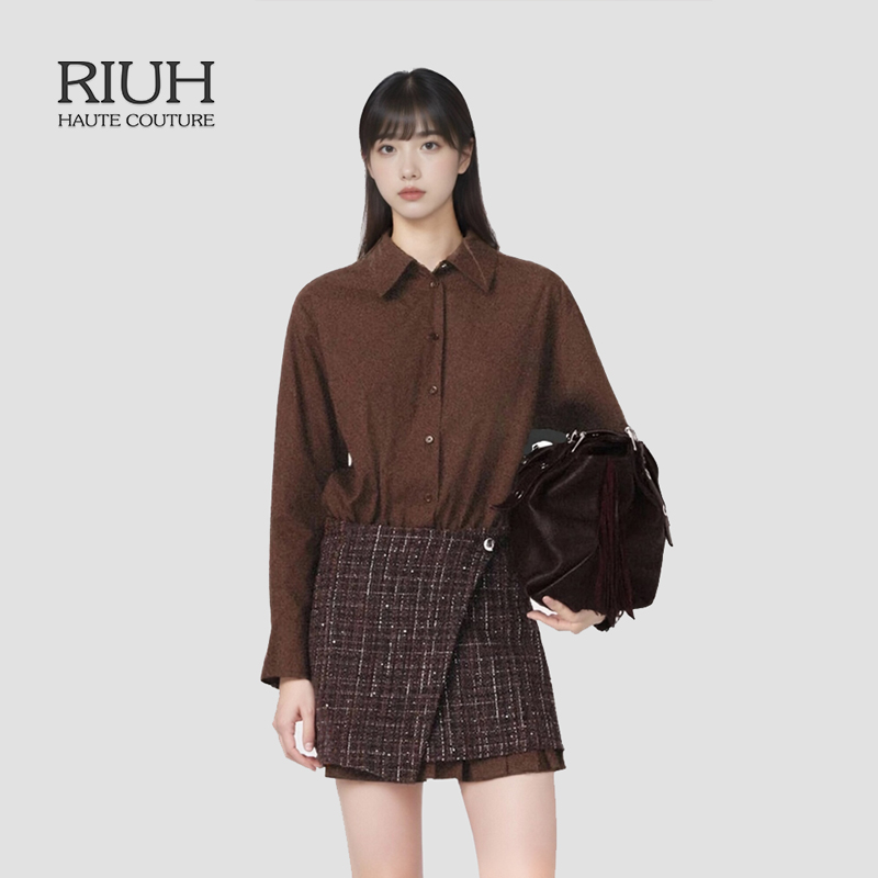 RIUH法式精致棉质棕色可拆卸短款衬衫式连衣裙25秋冬