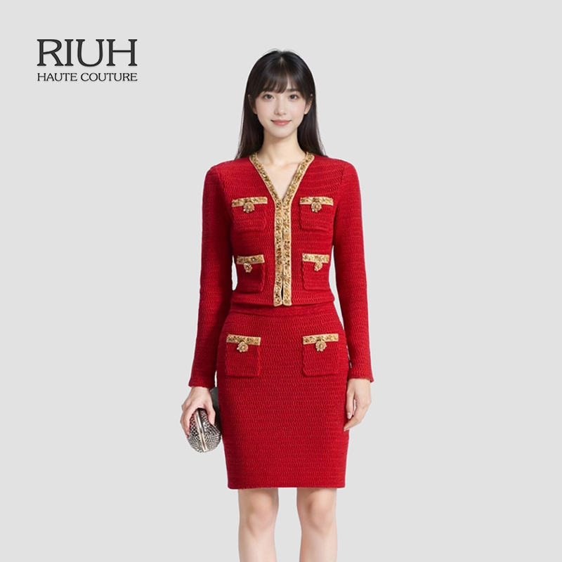 RIUH精致过年正红色金边钻饰针织外套25秋冬