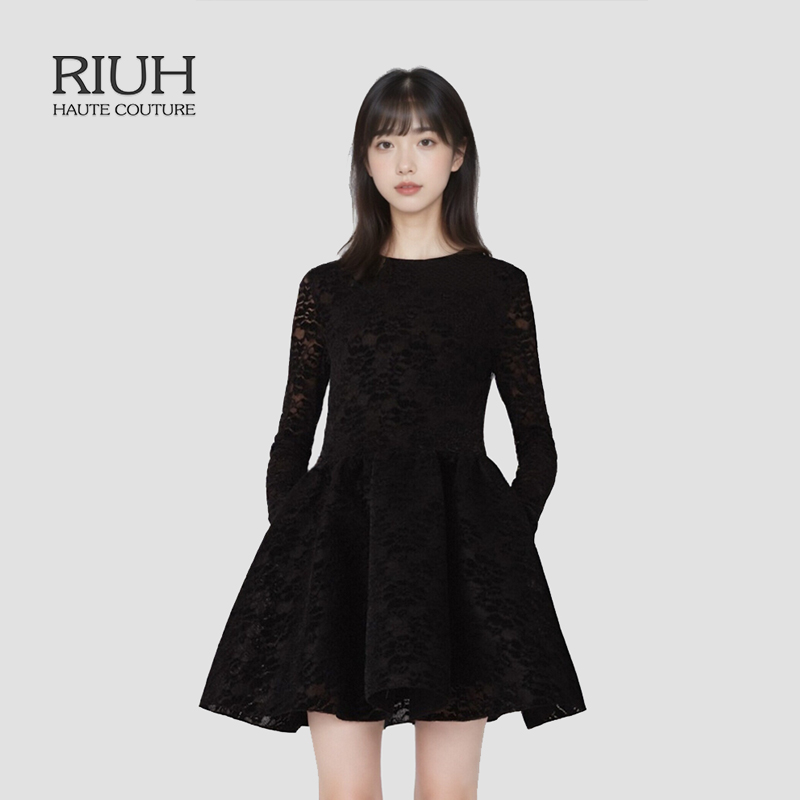 RIUH法式精致气质镂空印花刺绣圆领短款连衣裙25秋冬
