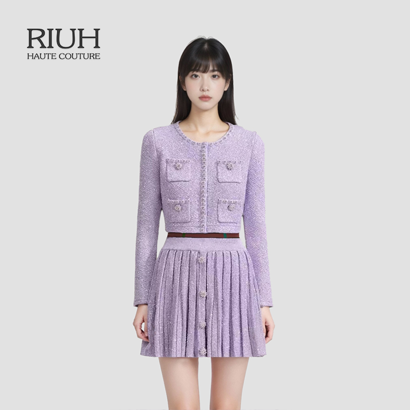 RIUH赵丽颖同款小香风紫色钻饰针织短外套25秋冬