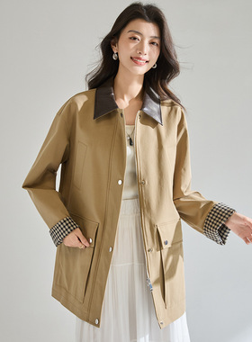 26春夏新款复古气质风衣巴恩风撞色PU皮翻领格纹拼接外套29074