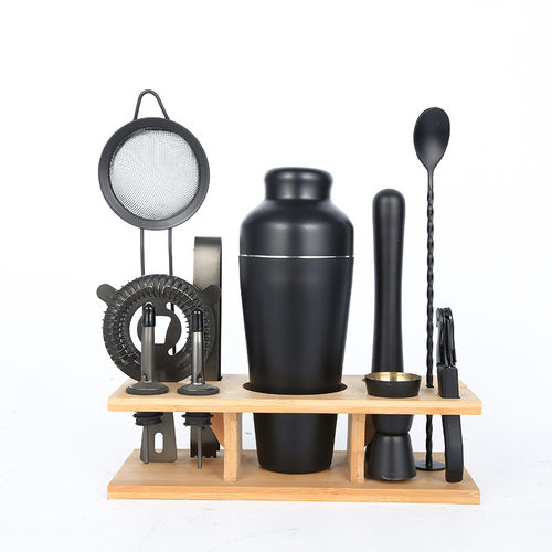 不锈钢11件套调酒套装哑光黑酒具套装鸡尾酒雪克师壶摇酒器带竹架