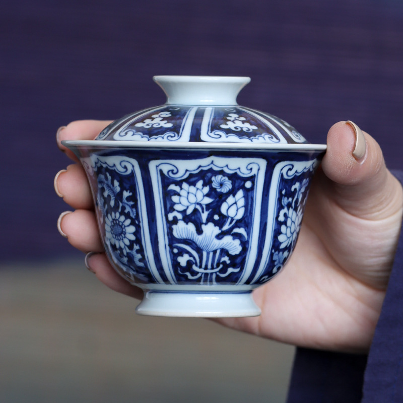 手绘元青花开窗花卉二才盖碗单个不烫手复古高端茶碗带锡斑青花瓷