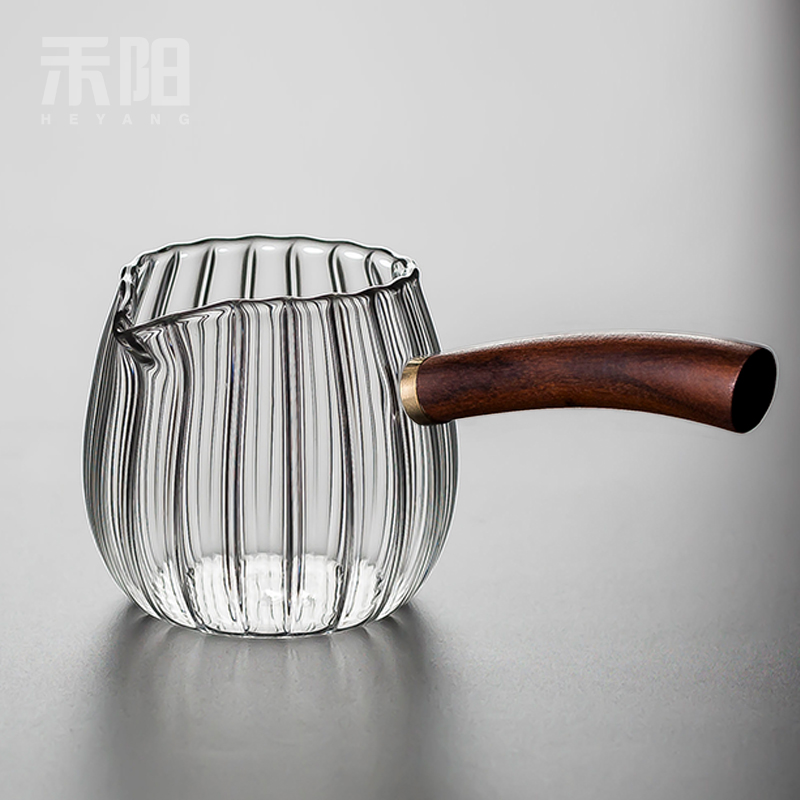 禾阳 耐b高温玻璃公道杯加厚侧把公杯木把分茶器茶海家用倒茶匀杯