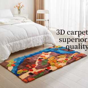 长方形地毯卧室3D立体氛围感森林高级色织簇绒地垫床前脚垫子室内