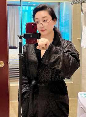 高级感贵妇经典黑色豹纹睡袍洲际酒店浴袍家居双层情侣春秋冬晨袍