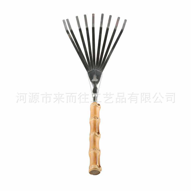 园林艺工具不锈钢竹节根木柄盆栽种植花土搂草落叶九齿小耙子