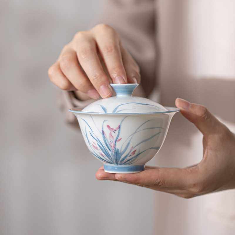羊脂玉瓷手绘兰花二才盖碗高档单个陶瓷茶碗家用泡茶不烫手泡茶器,电子元器件市场,其它元器件,淘宝优惠券,粉丝福利购,淘宝优惠卷
