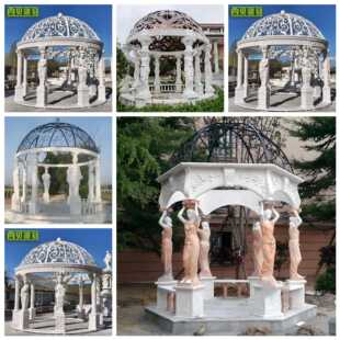 白色欧式户外石雕凉亭大理石圆顶铁艺帽子欧式罗马柱人物柱子亭子