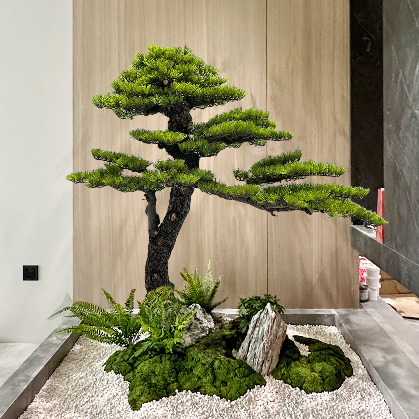 新中式高档彷真迎客松造景入户玄关屏风树落地式大型假树商场黑松