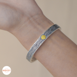 大理银匠世家 李文彬大师镶金款锤纹印章情侣手镯