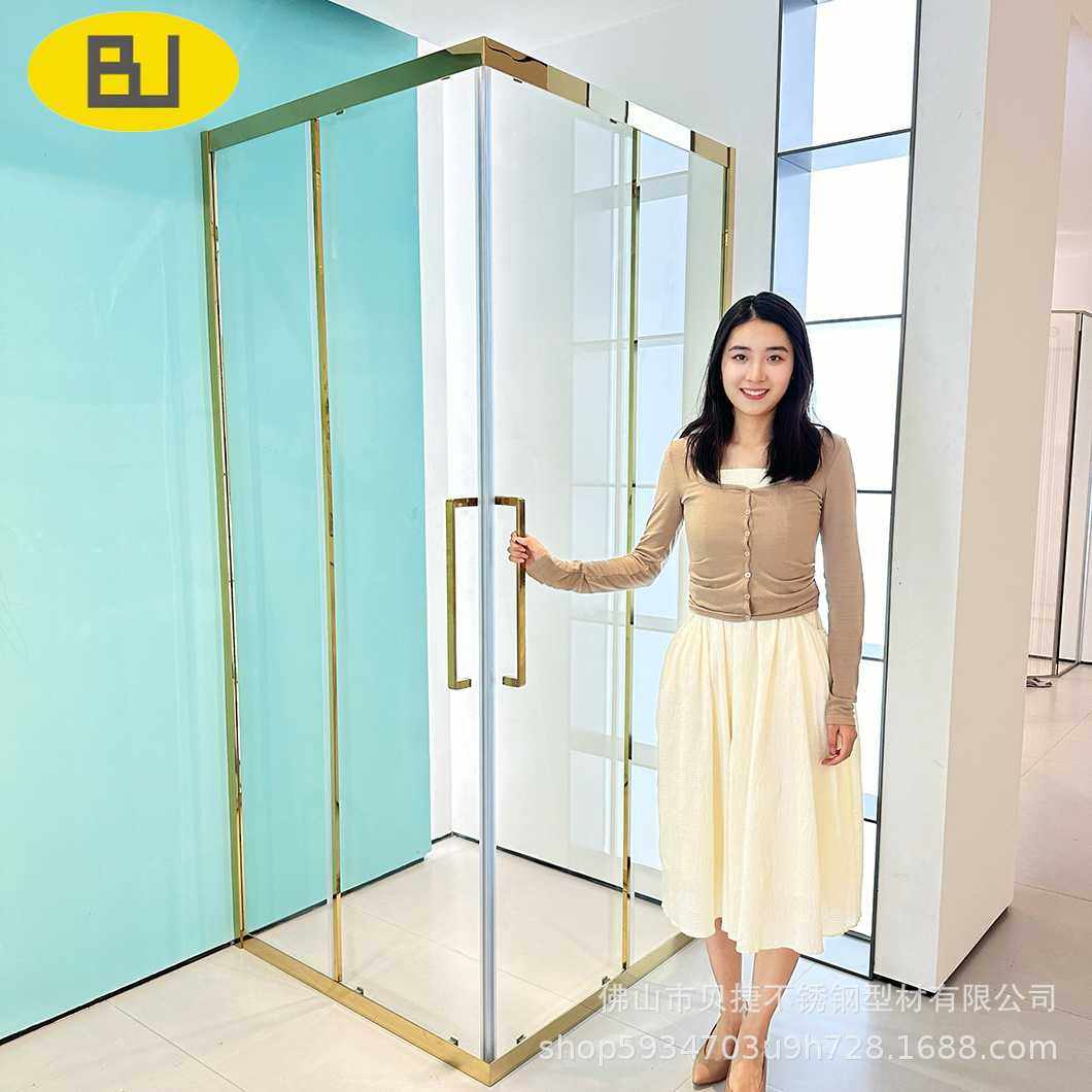 跨境不锈钢方形双移门淋浴房稳固耐用L型极简二固二移浴室隔断