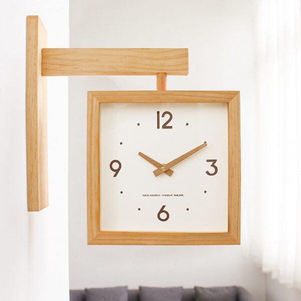 MJK实木双面挂钟客厅家用静音时钟现代简约时尚挂墙转角两用