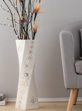 60cm描金花瓶陶瓷落地大花瓶客厅花器装饰北欧简约白色可装水