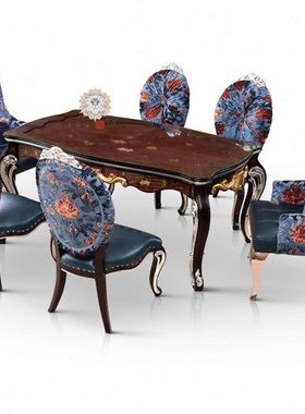 狮落皇庭奢华欧式进口实木长餐桌手工彩绘镀玫瑰金玻璃餐厅家具