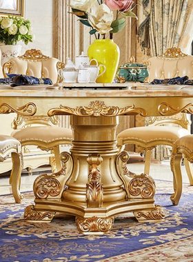 欧式大理石餐桌实木圆桌香槟色饭桌家用圆形带转盘轻奢餐桌椅组合