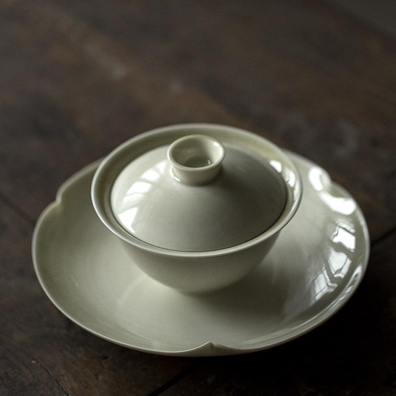 手工草木灰盖碗 大号普洱茶白茶泡茶碗 新中式三才盖碗带壶承托盘