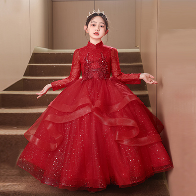 主持人礼服女童秋冬长袖红色儿童钢琴演奏服花童婚礼小女孩演出服