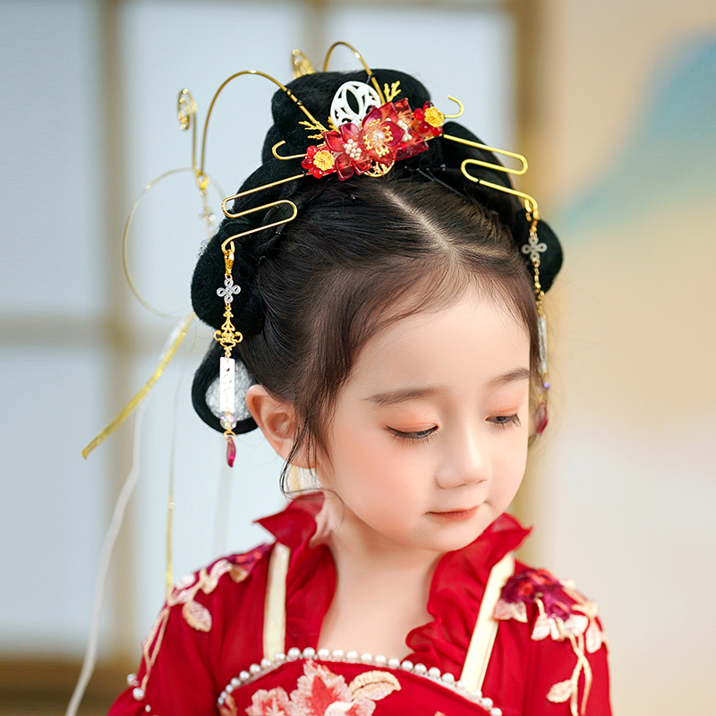汉服头饰儿童女童发冠中国风发簪古风发夹头冠红色古装演出发饰