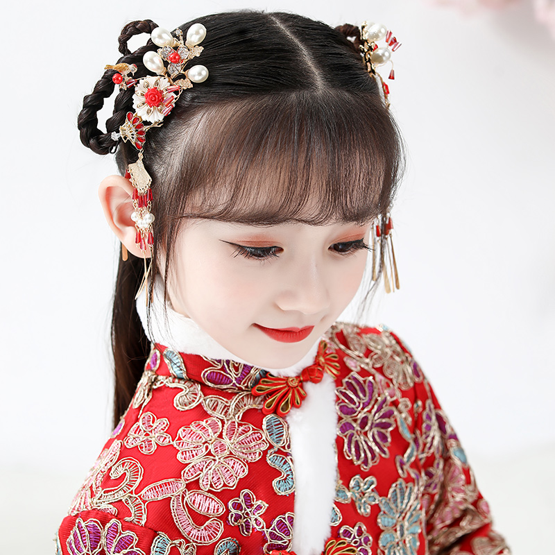 儿童汉服发饰旗袍唐装中国风古装拜年服头饰女童发夹流苏步摇发卡