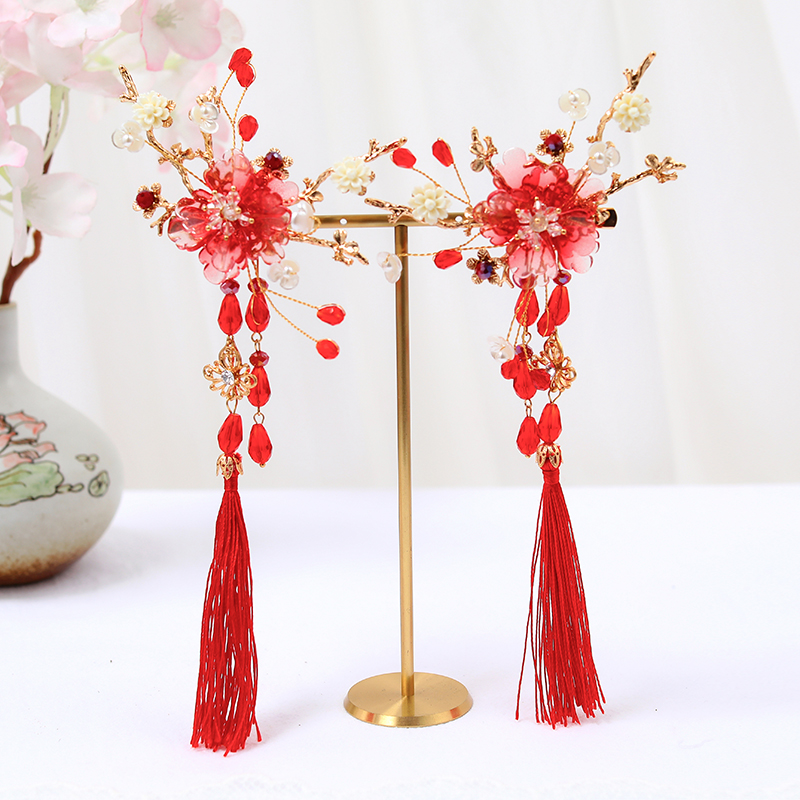 新年发饰女童红色汉服头饰复古流苏儿童唐装饰品宝宝过年旗袍发夹