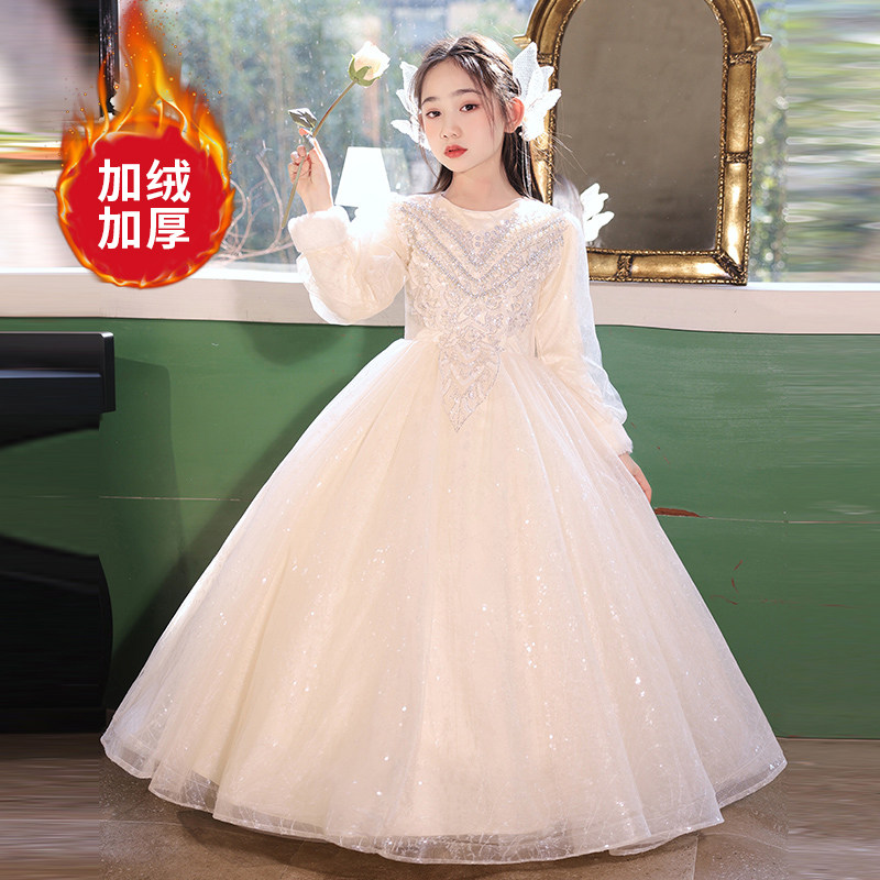 女童主持人礼服儿童钢琴演出服冬季加绒加厚公主裙女孩高端演出服