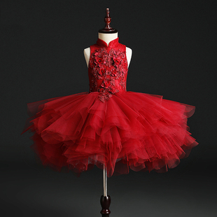 元旦儿童演出服女童礼服红色蓬蓬裙主持人钢琴演奏圣诞节儿童服装