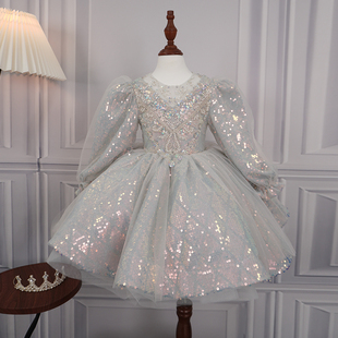 主持人礼服女童秋冬长袖 儿童钢琴演奏服花童婚礼小女孩高端演出服