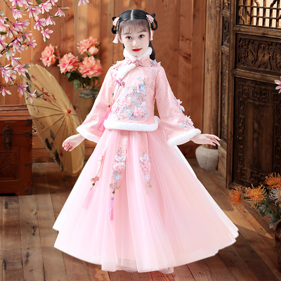 圣诞衣服儿童加厚拜年服粉色汉服冬装女童新中式唐装元旦节演出服