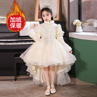 女童主持人礼服冬季加绒加厚儿童钢琴演奏服花童婚礼小女孩公主裙