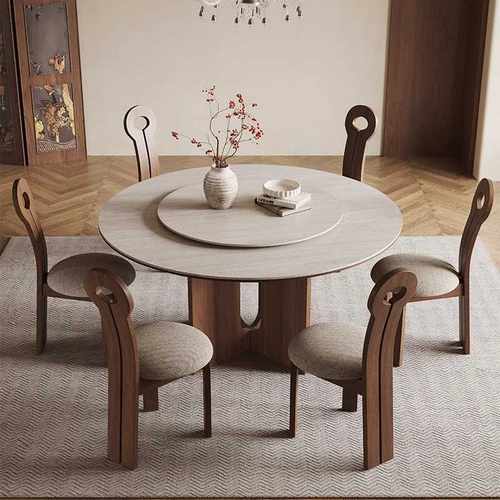 复古风中古洞石岩板圆桌家用圆形饭桌白蜡木黑胡桃色实木圆餐桌椅