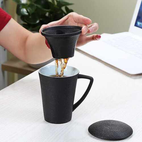黑陶办公杯茶水分离泡茶杯子带盖过滤马克杯大容量陶瓷杯