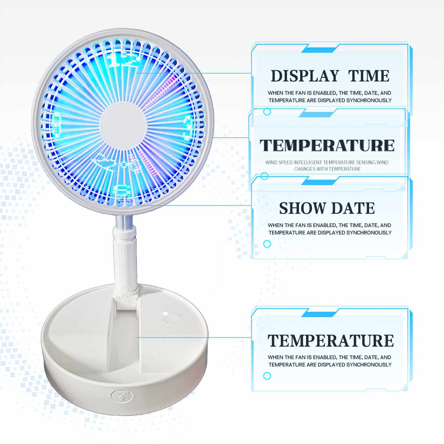新款跨境露营风扇便携式折叠闪字时钟温度落地台式办公家用风扇