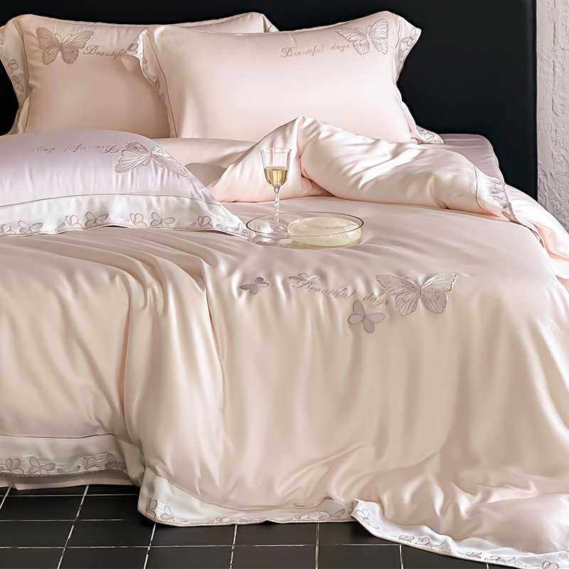 夏季凉感少女心床上四件套蝴蝶刺绣被套床单公主风高级感床品
