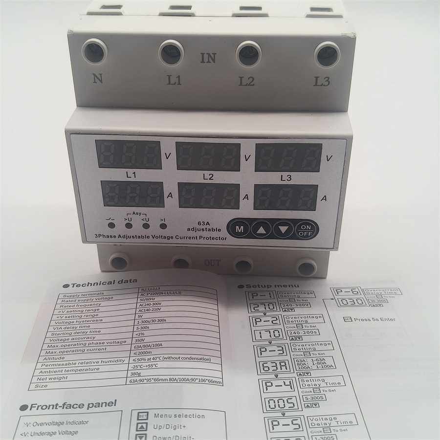 三相可调数显自复式过欠压限流保护器过载断电延时继电器100A63A