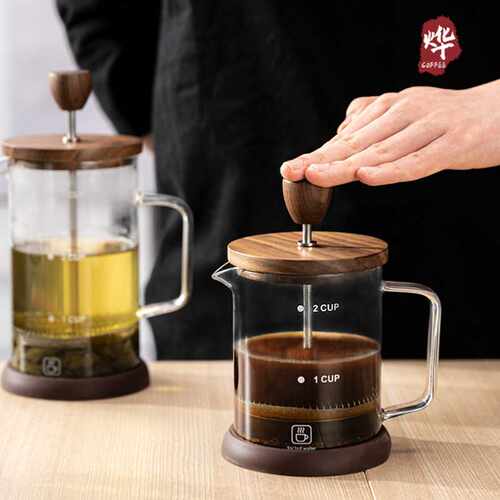 厂家直销法压咖啡壶 胡桃木盖高硼硅玻璃壶身手冲过滤煮茶壶套装