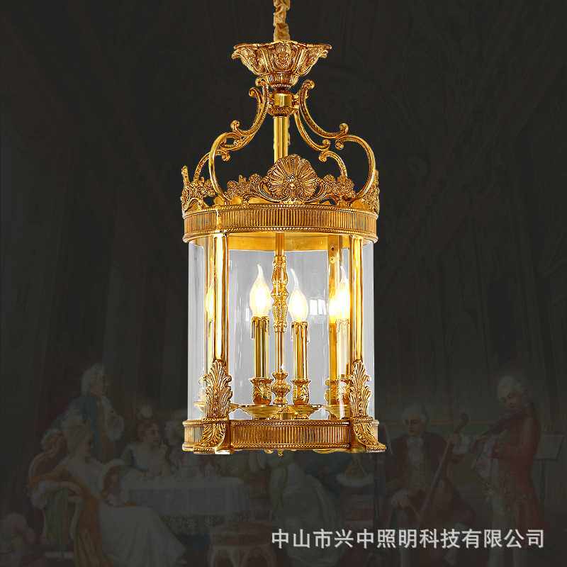 法式别墅楼梯过道走廊小吊灯欧式古典玄关灯复古阳台玻璃全铜吊灯