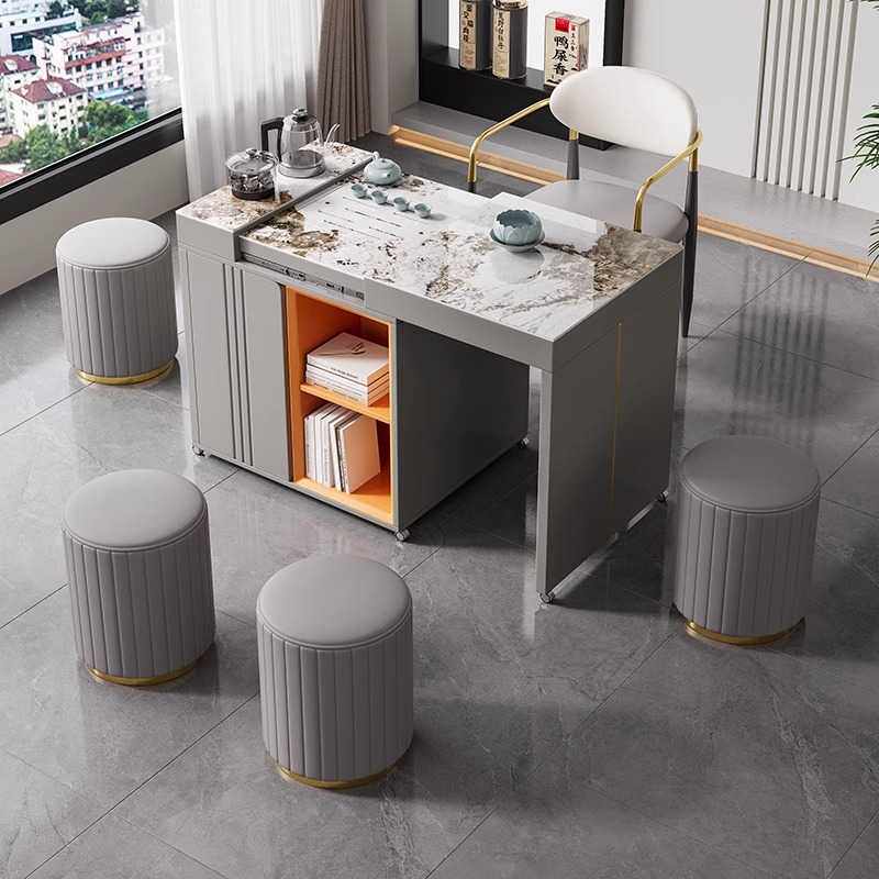 轻奢岩板伸缩茶台小户型阳台可移动茶车现代简约办公泡茶两用茶桌